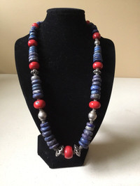 MEXICAN STERLING  LAPIS SODALITE RED CORAL BEADS NECKLACE 22”