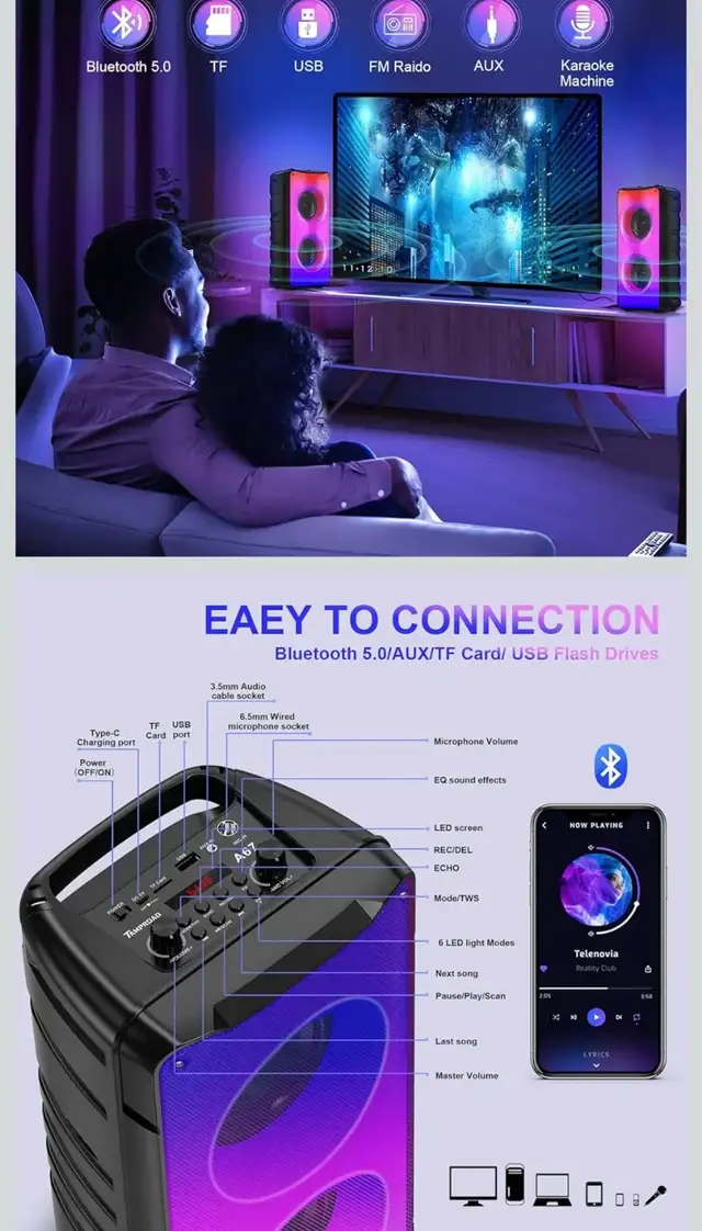 Bluetooth Speakers, 60W(80W Peak) Portable Loud Wireless Stereo in Speakers in Markham / York Region - Image 4