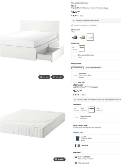 IKEA MALM Queen Bed Frame and mattresses with 2 Storage Boxes, View more