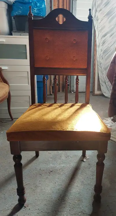 Vintage wood and gold colored upholstered armless chair, View more