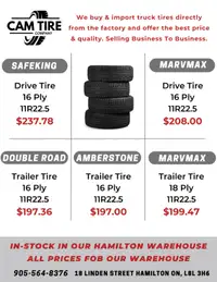 11R22.5 DRIVE & TRAILER TIRES IN-STOCK in our Hamilton Warehouse
