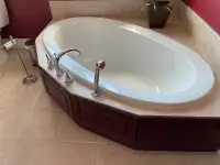 WHITE OVAL BATHTUB WITH FAUCET AND SHOWER HANDLE