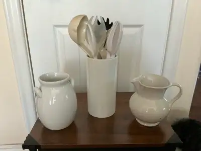 3 White Ceramic Containers & Utensils, View more