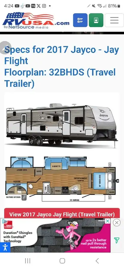 I am selling my 2017 Jayco Jay Flight 32BHDS, a spacious travel trailer perfect for family adventure...