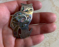 Vintage Owl Brooch, Sterling Silver & Abalone Shell Inlays, $45