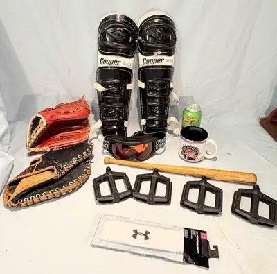 SPORTS LOT KIDS- 2 BASEBALL GLOVES / pr HOCKEY SHIN PADS BAT CUP, View more