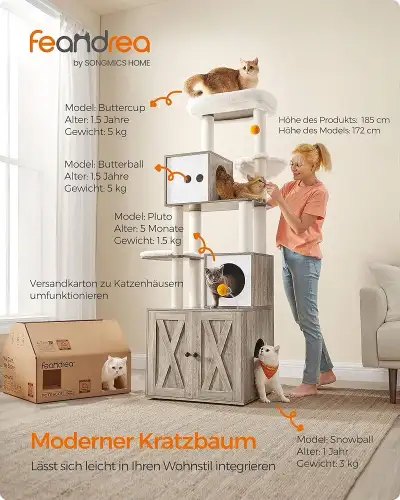 Cat Scratching Post with Litter Box 185 cm High Cat Scratching Post Platform Washable Cushion Greige...