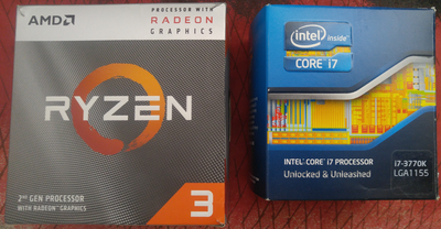 intel i7 and ryzen 3 CPUs in box, View more