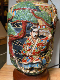 Antique Japanese Satsuma Wood  Bas Vase Table Lamp