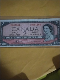 1954 Canada $2 Banknote. Error Note.