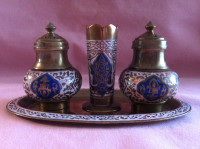 VINTAGE BRASS SALT AND PEPPER WITH TRAY