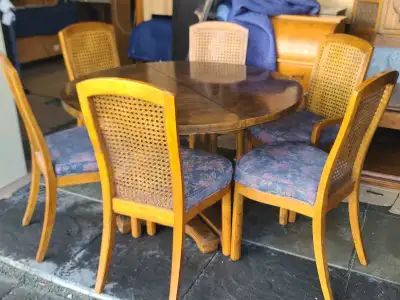 Extendable Wood Dining Table and 6 Cane Back Chairs, View more