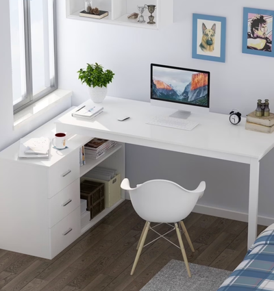 L shaped wooden white office table, View more
