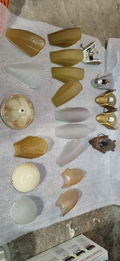 Art Deco Slip Shades $ 150 each Art Deco Slip Shade Wall Sconce frames $45 each Single with bottom s...
