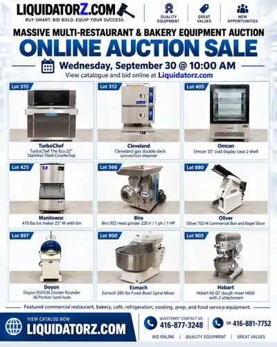 HUGE Commercial Kitchen & Restaurant Equipment Auction! Wednesday, September 30th @ 10:00 AM ONLINE...