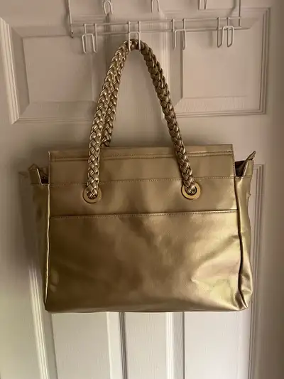 Large gold metallic tote  bag with braided handles, View more
