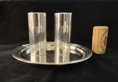 Silver Salt & Pepper set w Tray Modern Design Calegaro Italy 70s, View more