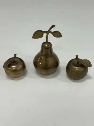 Set of 3 Vintage Solid Brass Fruit – Apple & Pear Décor, View more