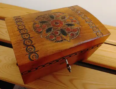 Small hand-carved decorative wooden box with lock & key, View more