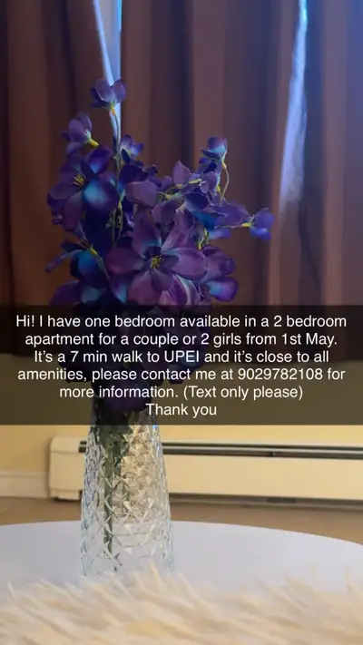 Hi! I have one bedroom available in a 2 bedroom apartment for a couple or 2 girls from 1st May. It’s...