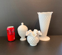 Vintage FENTON Milk Glass Vase, Bowl and AVON Covered Dish