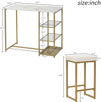 3-Piece Pub Table Set, Brass/Faux Marble/Tempered Glass