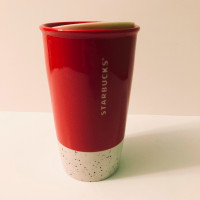Starbucks Red Joyful Ceramic Tumbler Travel Mug Cup 12 oz