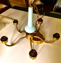 Vintage brass hobnail milk glass  chandelier with 5 arms