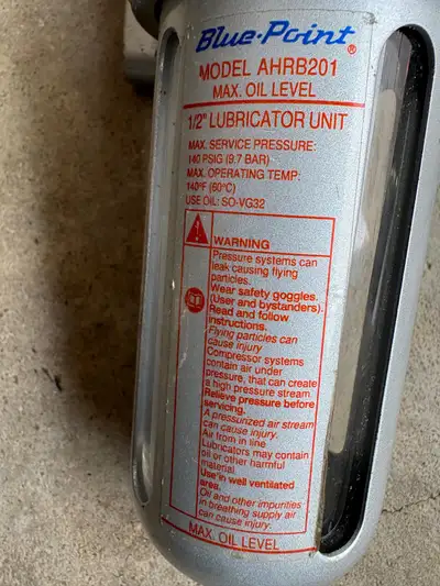 For sale a Blue Point / Snap On air supply lubricator. Fill it with air Tool oil and it will dispens...