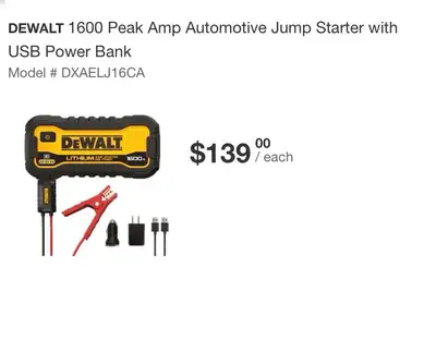 PICK UP ONLY!! Price limited Time!! This new DEWALT 1600 Peak Amp Automotive Jump Starter with USB P...