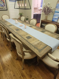Dining room table, 8 King and Queen chairs + bench