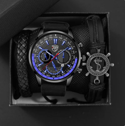 montre homme Mens Casual Watch Leather Bracelet & Necklace, View more