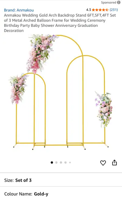 Anmakou Wedding Gold Arch Backdrop Stand 6FT,5FT,4FT Set of 3 Metal Arched Balloon Frame for Wedding...