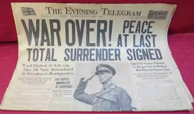 TORONTO TELEGRAM MAY 7, 1945 WWII NEWSPAPER "WAR OVER" TITLE, View more