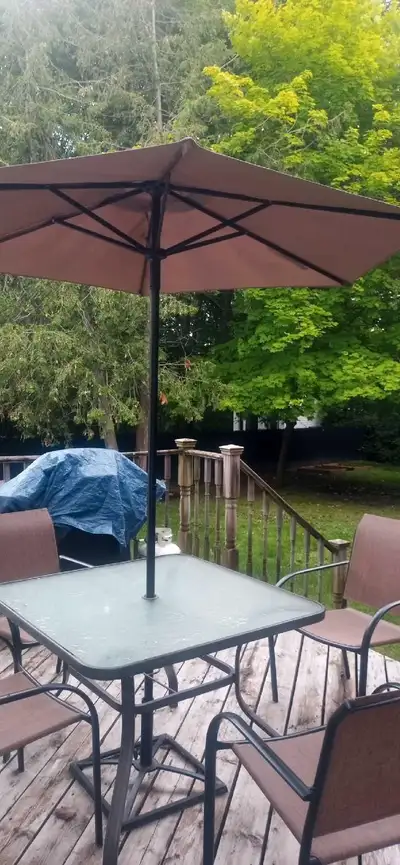 Patio table, chairs, umbrella, View more