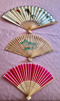 Folding Hand Fans: 2  Engraved Wooden,  1 Hand painted and