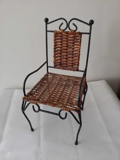 Wrought Iron And WICKER Chair for Dolls or Bears. 14" High. Not designed for children. Very Good Con...