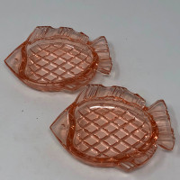 Pink Depression Glass Fish Personal Ashtray Teabag Holder Pair