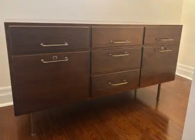 Mid-Century Modern Credenza. Walnut with dark finish, solid construction. Two large/deep bottom draw...