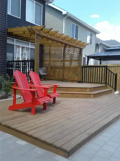 Deck, fence, paving stone, retaining wall, side wakway,, View more