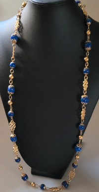 Vintage Blue Beaded with Gold Tone Costume Necklace