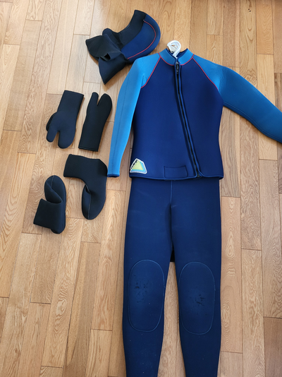 Fitzwright Scuba Diving Suit mens size small. Thick 7mm neoprene Farmer John, Jacket and Hood. Reinf...