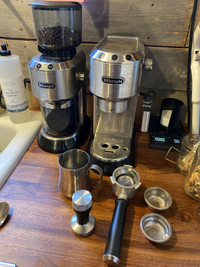 Delonghi Dedica espresso machine, grinder and accessories