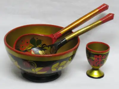 LOT of 4 pieces vintage hand painted footed wood bowl and two spoons and egg cup. bowl is 5" in diam...