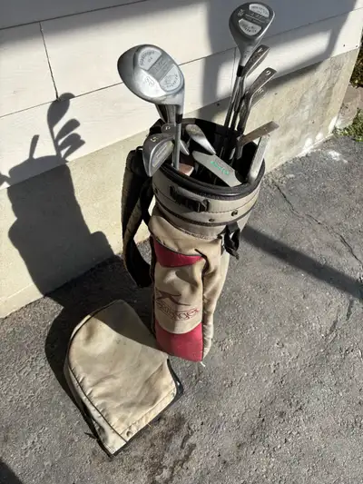 Golf bag and clubs, View more
