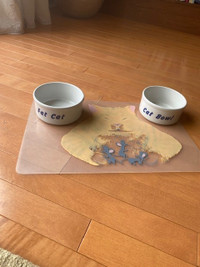 2 Cat bowls with plastic placemat