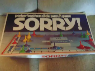 Vintage 1972 Sorry Board Game by Parker Bro.. Pre-owned. Complete. Box has wear and tear.