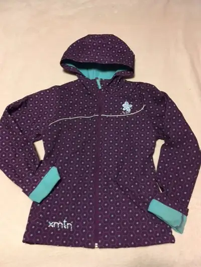 XMTN Soft Shell Jacket (Children's size XL-14/16) in a purple/aqua color which is fleece lined and w...