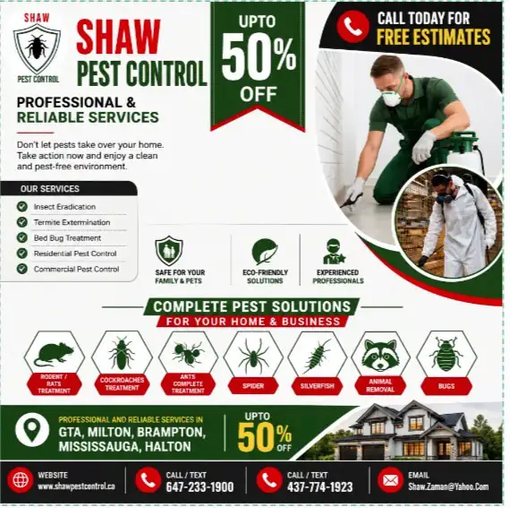 Pest Control Services one week 50% off in Brampton only