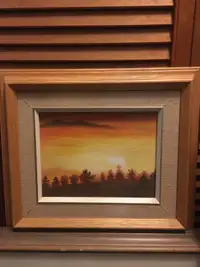 Oil painting sunrise in the forest